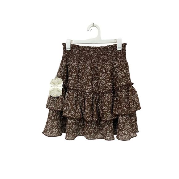 Altar’d State Brown Floral Ruffle Mini Skirt XS NWT Boho Cottagecore - Picture 2 of 8